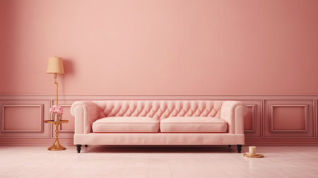 this 3d rendering stock photo showcases a vintage furniture interior with a retro pink couch as the centerpiece. the pink home interiors are designed in the style of minimalism tendencies, with pastel gothic and light orange accents. the minimalist backgrounds highlight the meticulously detailed features of the furniture, while the feminine sensibilities add a touch of elegance to the overall design. the american romanticism vibeの素材