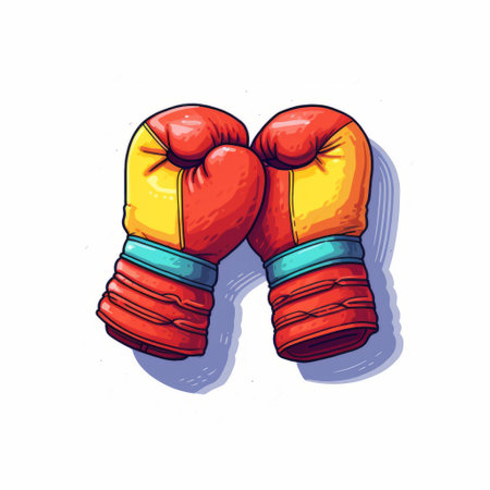 colorful boxing gloves in a cartoon-realistic style, featuring strong line work and vibrant hues of light red and amber. the gloves are depicted in a tondo format, utilizing innovative techniques to create a colorful and flat image with limited shading. perfect for sports-related designs or playful illustrations, these gloves are sure to catch the eye with their bold and dynamic appearance. keywords: colorful, boxing gloves,の素材