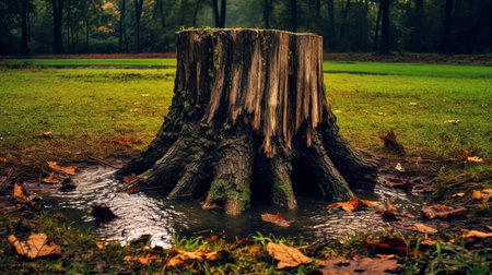 a dummy stump stands tall amidst the dark and soggy forest, captured in stunning 8k resolution. the photo showcases a unique fusion of water and land, creating a cryptidcore atmosphere that is both eerie and captivating. the photo-realistic landscape features a mix of light brown and green hues, adding to the natural and organic feel of the image. this national geographic-worthy photo is perfect forの素材