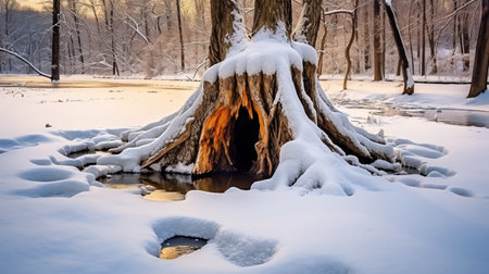 experience the breathtaking beauty of snow hollow stump through high-definition photography. the intricate details of the snow-covered stump are captured in stunning clarity, showcasing the natural wonder of this winter landscape. ai generatedの素材
