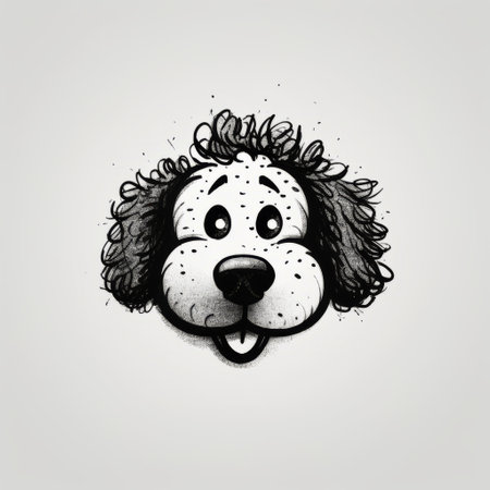 a black and white minimalist doodle of a mischievous poodle with a playful grin, raised eyebrow, and tilted head. the doodle style resembles a simple comic strip and captures the poodle's distinctive features with clean and minimal lines. ai generatedの素材