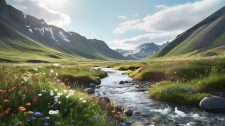 this stunning photo captures the breathtaking beauty of a river valley scene in iceland. the vray tracing style adds a touch of realism to the photo, making it appear almost like a painting. the flower and nature motifs add a touch of whimsy to the scene, while the photo-realistic landscapes make it feel like you're right there in person. with a resolution of 32k uhd,