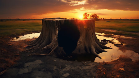 the tree stump in the field is a stunning piece of art that captures the essence of nature. the water coming out of it adds a touch of realism to the piece, while the light orange and dark gold colors create a warm and inviting atmosphere. the exaggerated perspectives and wide-angle lens give the image a unique and captivating look, while the distressed materials addの素材