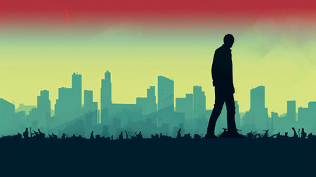 this photo features a stunning digital artwork by jhul, showcasing a cityscape with a touch of apocalypse landscape. the artwork is in the style of bay area figurative art, with a stark minimalism that is digitally enhanced to create a poignant portrait of a city. the american tonalist style is evident in the use of muted colors, while the pop-culture-infused elements add a touch ofの素材