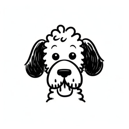 a black and white minimalist doodle of a mischievous poodle with a playful expression and clean, expressive strokes. resembling a simple comic strip, the poodle is depicted without a background and with a raised eyebrow and tilted head. ai generatedの素材