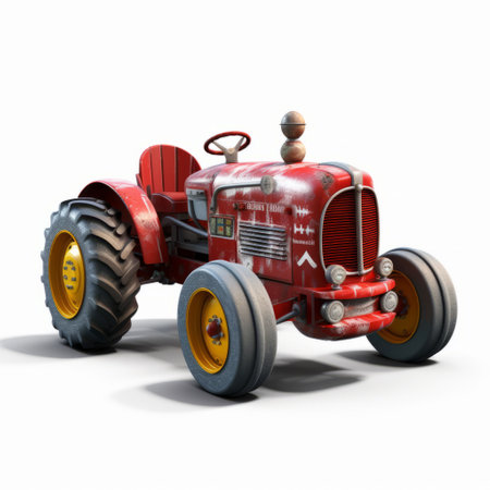 the red tractor in this image stands out against the white background, showcasing its bold and vibrant color. the style of the artwork is reminiscent of zbrush and golden age illustrations, with a touch of manapunk and realistic yet imaginative oil portraitures. the image is rendered in 32k uhd, providing stunning detail and clarity. the xbox 360 graphics add to the overall quality of theの素材