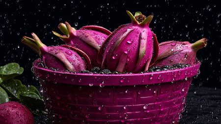 dragon fruit captured in a stunning photograph by yiyao japanese garden artist taisuke. the tabletop photography style showcases the fruit's dark magenta and silver hues, while water drops add a touch of vibrancy to the still life. the use of zbrush and saturated colors creates a bloomcore aesthetic that is both striking and unique. this photo is perfect for those looking to add a popの素材