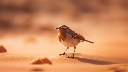 a small bird is captured standing on the sandy ground in this stunning photograph. the bird's wing is visible, adding to the charm of the image. the use of light crimson and light brown hues, along with ray tracing and tonal sharpness, creates a beautiful and realistic effect. the rtx on feature enhances the overall quality of the picture. this characterful animal portrait is aの素材
