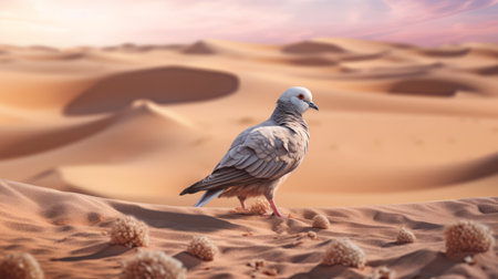 a pigeon stands gracefully in the midst of a vast desert landscape, surrounded by towering sand dunes. this stunning image is rendered in a realistic and hyper-detailed style, utilizing ray tracing technology to create soft, romantic scenes. the colors of the scene are light gray and pink, evoking a sense of tranquility and serenity. this uhd image is a vibrant illustration of the beauty ofの素材