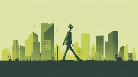 a figure is depicted walking in a cityscape in this vector illustration. the artwork features a satirical twist with a corporate punk vibe, using a light green and dark gray color scheme. the style is characterized by a low resolution and a zombiecore aesthetic, while also incorporating elements of wildlife art and earthworks. the overall effect is one of silence and contemplation, as the figureの素材
