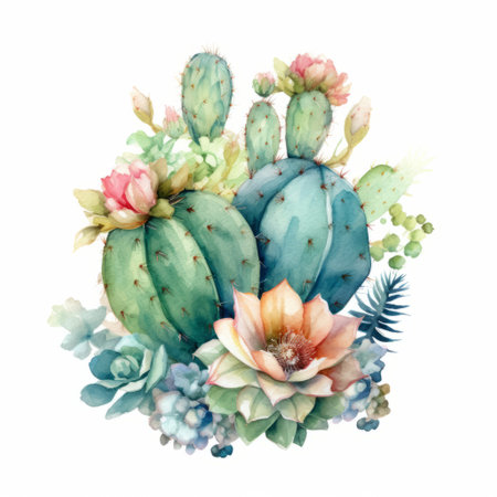 the watercolor pacific project presents a stunning painting of cactus, oranges, and pink flowers. the artwork is a beautiful blend of light turquoise and dark aquamarine, creating a historical illustration that is both vibrant and captivating. the colorful fauna is arranged in a majestic composition that is sure to catch the eye. against a white background, this illustration is an eye-catching addition to any collection.の素材
