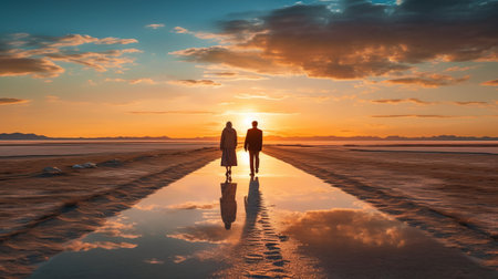 a couple is captured walking on a path as the sun sets in the lowlands in this stunning 32k uhd photograph. the reflections and mirroring of the scenery create a psychological phenomena illustration that is both captivating and romantic. the art deco style of the photo adds to its high quality, while the aquamarine and amber tones of the romantic seascape make it a trulyの素材