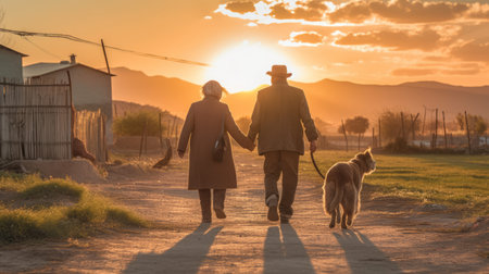 an enchanting scene of a couple strolling with their dog in the grass, just beside the sun at sunset. the image is captured in the style of villagecore, with a touch of romantic dramatic landscapes. the picture beautifully blends mexican and american cultures, exuding timeless elegance and working-class empathy. the uhd image showcases the stunning australian landscape, making it a perfect addition to any collection.の素材