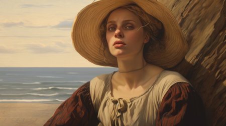 the painting depicts a woman wearing a straw hat, rendered in the style of unreal engine 5. the background features romantic seascapes, reminiscent of the neo-renaissance era. the use of light brown and red hues adds warmth and depth to the painting. the artwork is presented in 32k uhd resolution, showcasing the intricate details of the sculpted features. this piece pays homage to the animatedの素材