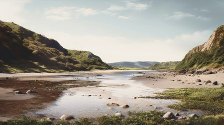 the river flows gently through the valley, surrounded by lush greenery and towering mountains in the distance. this artistic rendering captures the essence of scottish landscapes with its retro filters and en plein air beach scene style. the photo is in 8k resolution, allowing for stunning detail and clarity. the light sky-blue and light brown hues create a serene and peaceful atmosphere, reminiscent of livelyの素材