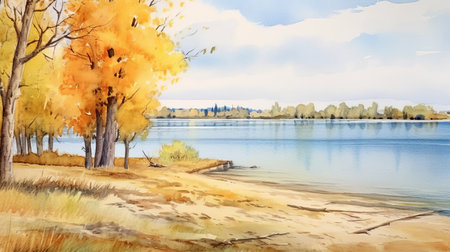 this stunning watercolor illustration depicts an autumn tree standing tall by the lake. the use of yellow in the painting adds a warm and inviting feel to the scene. the image is captured in uhd quality, showcasing the intricate details of the artwork. the gold and azure colors used in the painting create a serene and peaceful atmosphere. the zeiss batis 18mm f28 lens usedの素材