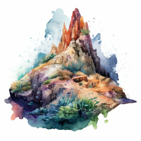 mountain landscape with water splashes and lush plants depicted in a vibrant spectrum of watercolors. the gothic illustration style adds a touch of drama to the organic formations of the mountain. the monumental scale of the illustration is emphasized by the use of bryce 3d technology. the light cyan and dark amber hues create a stunning contrast, making the mountain stand out in all itsの素材