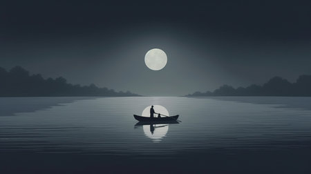 a man is peacefully rowing his boat under the moonlight on a serene lake. the artwork is inspired by the minimalistic portraits of marko manev and the romantic illustrations of fatima ronquillo. the traditional animation style adds a touch of nostalgia to the scene. the use of traditional japanese artistic techniques and the artistic vision of dariusz klimczak make this artwork a unique and captivatingの素材