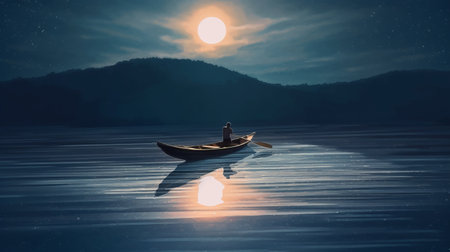 kayaking at night on a serene lake is a breathtaking experience, and this digital painting captures it beautifully. the classic japanese simplicity of the artwork is enhanced by the use of light and shadow, creating a romantic moonlit seascape that transports you to another world. the 8k resolution ensures that every detail is crisp and clear, while the charming character illustrations add a touch ofの素材
