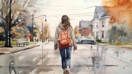 a beautiful watercolor painting of megan walking on the sidewalk. the painting captures the essence of a peaceful walk on a sunny day. ai generatedの素材