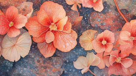 discover the unique combination of pointillism abstract and gouache angular techniques in the serene and delicate geography begonia. the crunchy craquele texture adds a touch of relaxation to this artwork, inspired by the style of justin bieber's mandy disher. ai generatedの素材