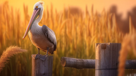 a pelican sits on a fence post at a farm with a lush field of corn behind it, smiling for the camera and glowing with happiness. the warm tones of the photography add to the serene atmosphere. ai generatedの素材