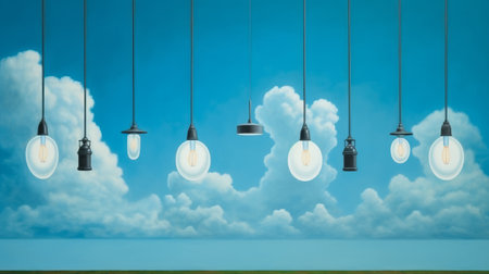 light bulbs hang in the sky, creating a striking contrast against the blue clouds. the monochromatic style of the image gives it a realistic depiction of everyday life, while also incorporating elements of trompe l'oeil and modernist whimsy. the whirring contrivances of the light bulbs add a touch of revived historic art forms to the piece. the use of light black in the image createsの素材