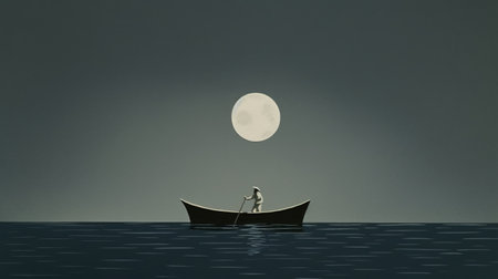 a person is depicted in the water near the moon in this digital illustration inspired by the styles of alessandro gottardo, dariusz klimczak, and maurice sendak. the heavy use of palette knives creates a unique texture and the flat perspective adds to the dreamlike quality of the image. this traditional animation style piece, ar 9151, is a stunning example of how different artistic styles canの素材