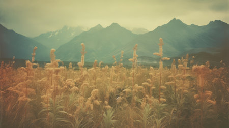 the field in the photo is filled with large brown stalks, while the mountains in the background add to the vintage aesthetic. the soft pastel tones and analogue filmmaking style create a romanticized depiction of the wilderness. the sharp and prickly stalks contrast with the softness of the pastel scene. this photo captures the beauty of nature in a vintage and romantic way, reminiscent ofの素材