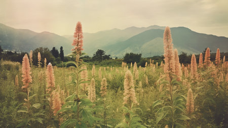 a stunning field of wildflowers in a mountainous area captured through the lens of a graflex speed graphic camera. the light pink and light brown hues of the flowers blend perfectly with the exotic landscape. the photo, taken with a rollei prego 90 camera, is heavily influenced by ancient chinese art and giorgio morandi's style. the image, shot by kouta hirano, showcases the beauty ofの素材