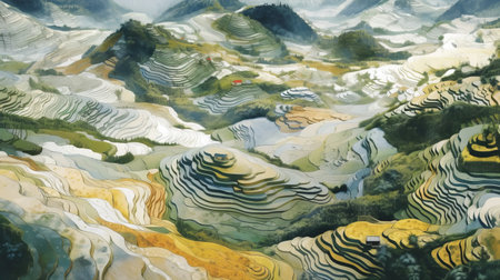 this photograph captures the beauty of rice terraces in july, with a surreal twist. the striated resin veins create a mesmerizing effect, inspired by the works of xu beihong and tran nguyen. the macro perspective and use of animation techniques add to the dreamlike quality, while the influence of mary anning and desertwave can be seen in the natural elements. ai generatedの素材