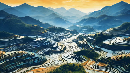 this photograph captures the terraces of rice fields in a surreal animation style, with striated resin veins. the macro perspectives used in the shot were inspired by artists such as xu beihong, mary anning, tran nguyen, and desertwave. ai generatedの素材