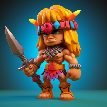 this 3d printed barbarian doll is designed in the style of g.i. joe toys, featuring an aggressive digital illustration with vivid colors. the doll is perfect for action-packed cartoons and comes with a plain background. the doll is created with 32k uhd technology. ai generatedの素材