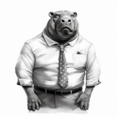 this cartoon illustration by zagorski depicts a hippo dressed in a tie and suit, giving off a businessman vibe. the style of the artwork is a mix of graphite realism, street style realism, city portraits, honeycore, ambrotype, inventive character designs, and realistic renderings of the human form. the attention to detail in the rendering of the hippo's features and clothing is impressive, making it aの素材