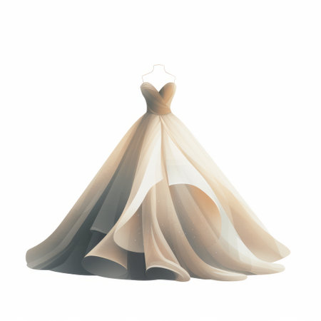 this wedding dress illustration vector showcases a stunning wedding gown in a unique style of dark gray and light amber. the soft atmospheric perspective adds depth to the design, while the multilayered texture and monochromatic shadows create a sculpted form. the digital gradient blends of dark beige and light azure give the dress a beautiful contrast. perfect for any wedding-related project, this illustration is sureの素材