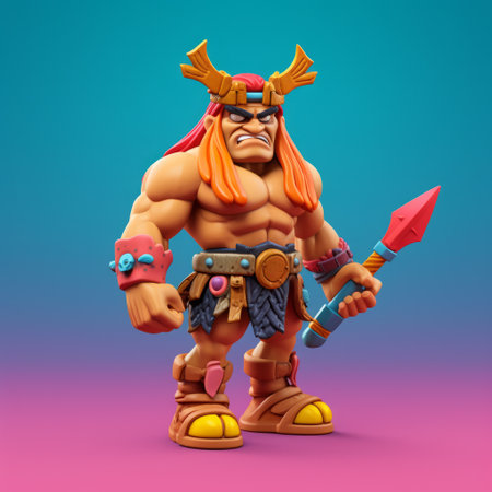 this 3d printed barbarian doll is designed in the style of g.i. joe toys, featuring aggressive digital illustration and vivid colors. with a 32k uhd resolution, it's perfect for action-packed cartoons. the doll is set against a plain background, making it stand out even more. ai generatedの素材