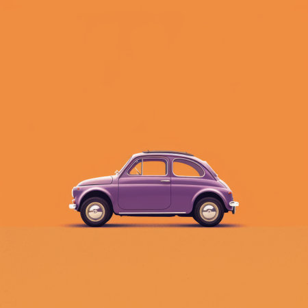 the fiat 500s are the stars of this minimalist still life photo, captured in the style of emiliano ponzi. the two colored cars sit on a vibrant yellow background, with an orange sky and a violet tint adding to the overall aesthetic. the dark purple and light orange hues of the vehicles are depicted with realistic hyper-detail, making them stand out against the simple backdrop.の素材
