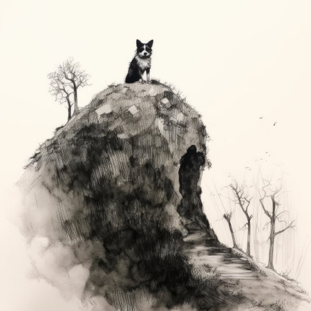 a joyful dog is descending a steep slope with ease. its wagging tail and bright eyes show its happiness. the ink-colored fur of the dog shines in the sunlight. ai generatedの素材