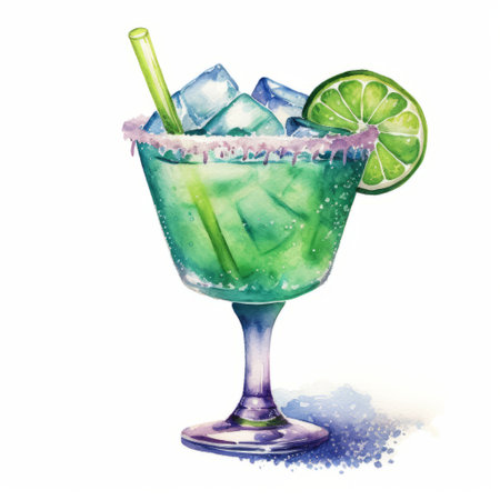 this stunning watercolor illustration depicts a refreshing margarita cocktail with a realistic touch. the colors and details are beautifully captured, making it a perfect addition to any bar or kitchen decor. ai generatedの素材