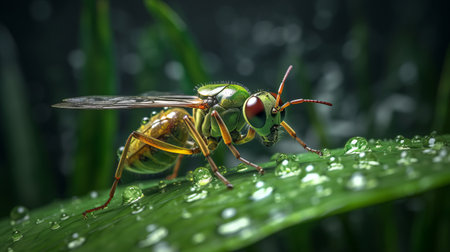 green bee perches on a leaf adorned with raindrops in this photorealistic rendering. the image is created using cryengine technology, resulting in a national geographic-worthy photo. the bee's shiny eyes and explosive wildlife are captured in stunning hdr, while the inventive character design adds to the overall appeal of the image. ai generatedの素材