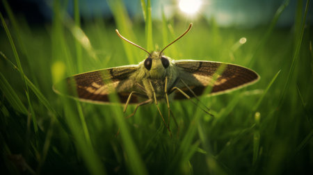 the moths are captured in stunning detail as they rest in the grass at dusk. the photorealistic style showcases their shiny eyes and the lens flare adds a touch of drama to the scene. the dark yellow and green hues of the grass provide a beautiful contrast to the moths' wings. the realistic portrayal of light and shadow adds depth and dimension to the image.の素材