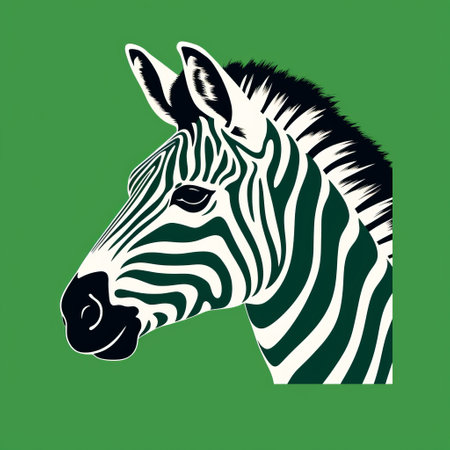 this vector zebra image features a bold and graphic composition in the style of americana iconography. the monochromatic graphic design showcases contrasting values, making the zebra stand out against the vibrant green background. the artwork is reminiscent of the works of josh keyes, tupinipunk, and william nicholson. perfect for use in a variety of design projects, this zebra image is sure to make a statementの素材