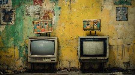 retro televisions take center stage in this captivating photo, showcasing a unique blend of techno shamanism and social media portraiture. the cluttered arrangement of the tvs against the wall creates a striking visual effect, reminiscent of the works of artists such as serge attukwei clottey, michael vincent manalo, and agustn fernndez. this photo is available under the creative commons attribution license, making it a versatileの素材