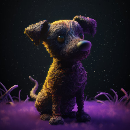 craft a dog figurine with yellow eyes on black background, inspired by filip hodas and maurice sendak's vibrant color gradients. add a touch of grotesque character inspired by patrick dougherty and enhance it digitally. ai generatedの素材