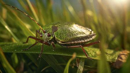 the bug photo showcases a hyper-realistic rendering of a bug in the grass, captured in the innovative style of rtx. the dark red and light green hues of the grass create a striking contrast against the bug's shiny eyes, while the green and bronze tones of the bug's body add to its genre-defying appeal. the photo's use of innovating techniques results in a highly detailedの素材