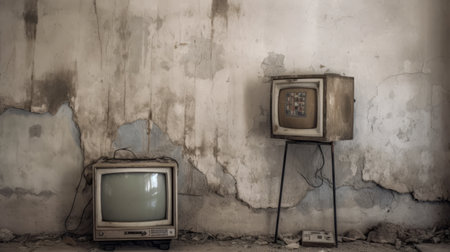 old tvs are scattered on the floor of an abandoned room, creating a haunting scene. the post-internet aesthetics and whitewashed narratives add to the eerie atmosphere. the bechers typologies and rusticcore style are evident in the rough hewn surfaces and rural china setting. the de stijl influence is also present, with the use of bold lines and primary colors. this photo captures the beauty inの素材