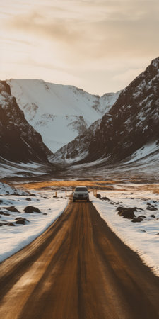 a scenic winter road with snow-covered surroundings and distant mountains is captured in this photograph. the image is reminiscent of bertil nilsson's style, with a golden light that highlights the earth tones, dark white, and light orange hues. shot with a konica big mini camera, the photo boasts an impressive 8k resolution. the use of colors and composition is reminiscent of lois van baarle's work.の素材