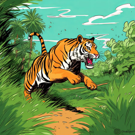 this artwork depicts a tiger running across the savannah in a cartoon style. the lines are thick, the details are low, and the colors are vivid. ai generatedの素材