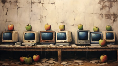 this painting showcases a post-apocalyptic backdrop with several apple computers placed in front of red and yellow apples. the realistic figurative painting style adds a touch of green academia and nostalgic landscapes to the artwork. the cracked and rusticcore elements of the painting depict real life in a unique way. this piece of art is perfect for those who appreciate the beauty of technology andの素材