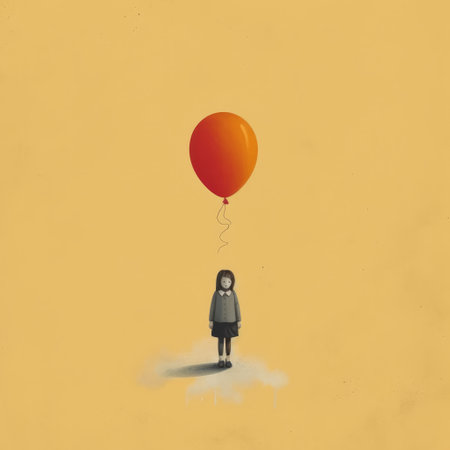 a girl is seen soaring in the sky, holding onto a vibrant balloon. the artwork is created in the style of figurative minimalism, with a color palette of dark yellow and light red. the image is eerily realistic, yet maintains a cartoonish innocence. the overall effect is both dark and gritty, reminiscent of children's book illustrations. the balloon itself is silver and orange, adding aの素材